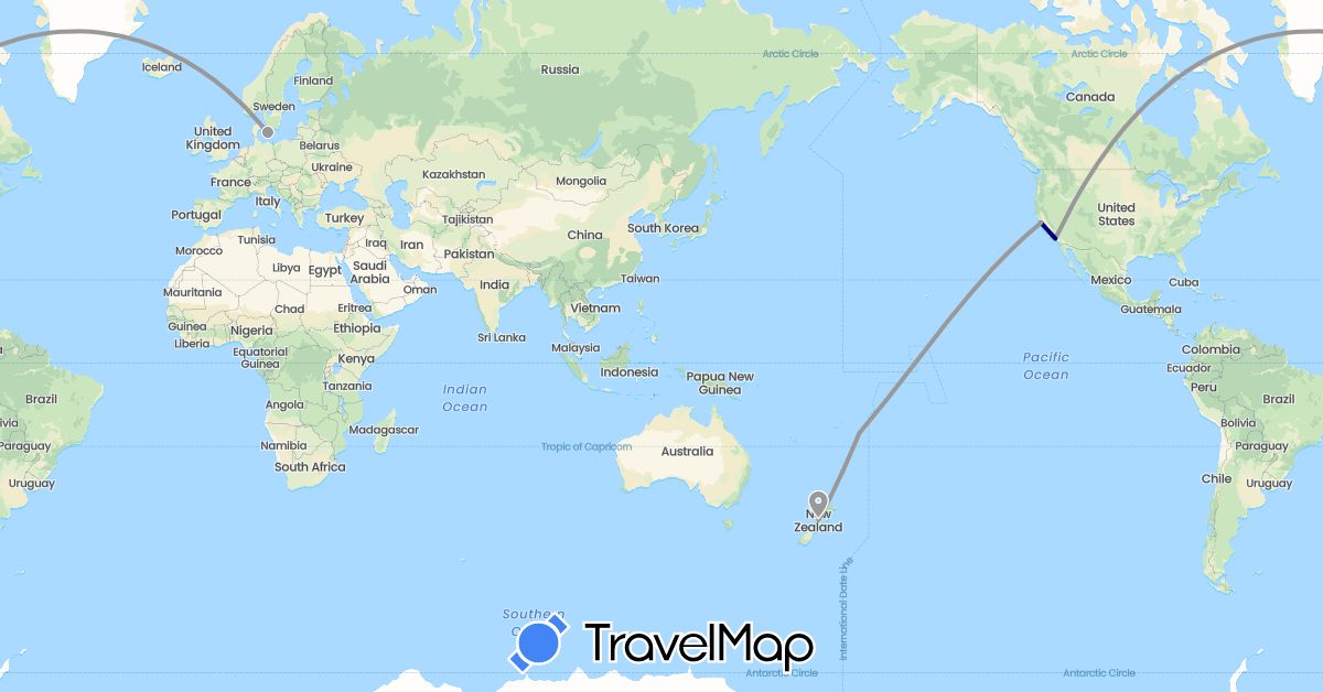 TravelMap itinerary: driving, plane in Denmark, New Zealand, Tonga, United States (Europe, North America, Oceania)
